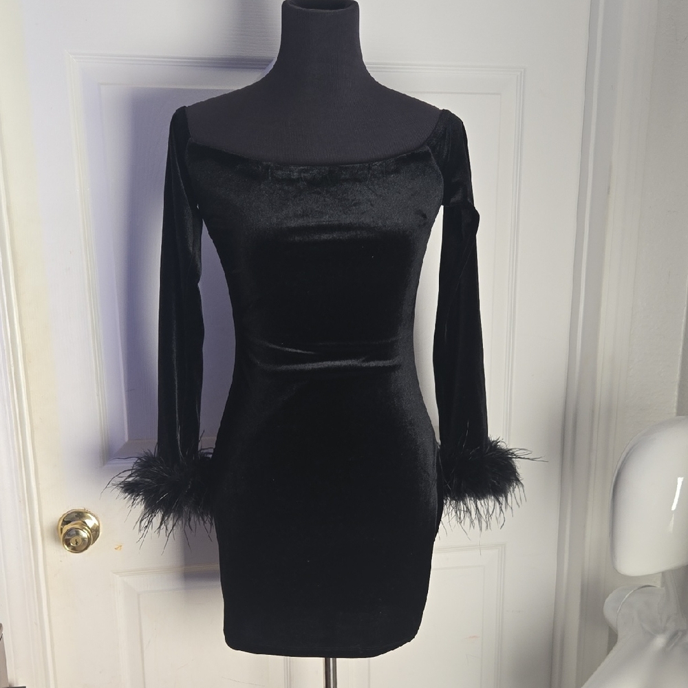 Windsor Black Velvet Dress with Feather Cuffs